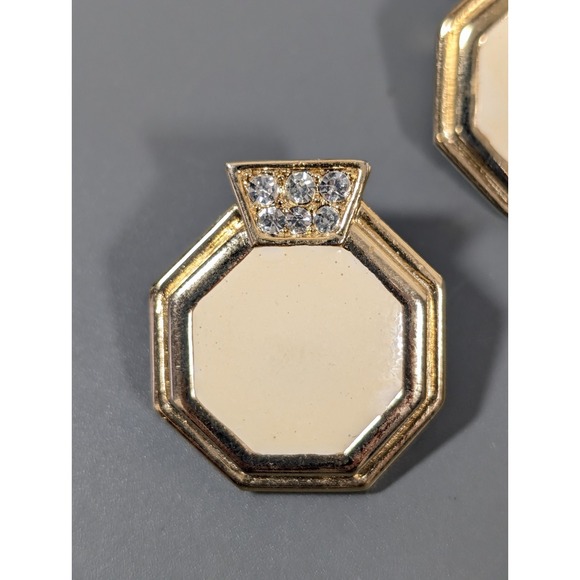 Vintage Gold Tone Octagon Earrings Cream Enamel Rhinestone Geometric (READ) - Picture 3 of 7